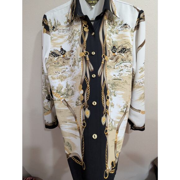VINTAGE 90s Gianni Nicole women's size L hunting scene handkerchief style blouse - Picture 3 of 13